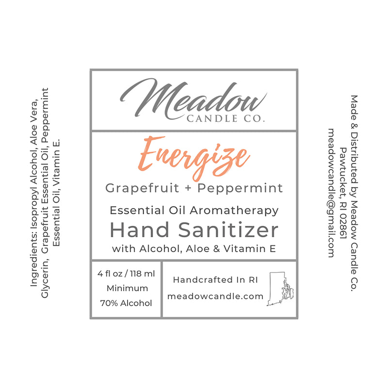 Energize Aromatherapy Hand Sanitizer with Grapefruit and Peppermint Essential Oils 4 oz