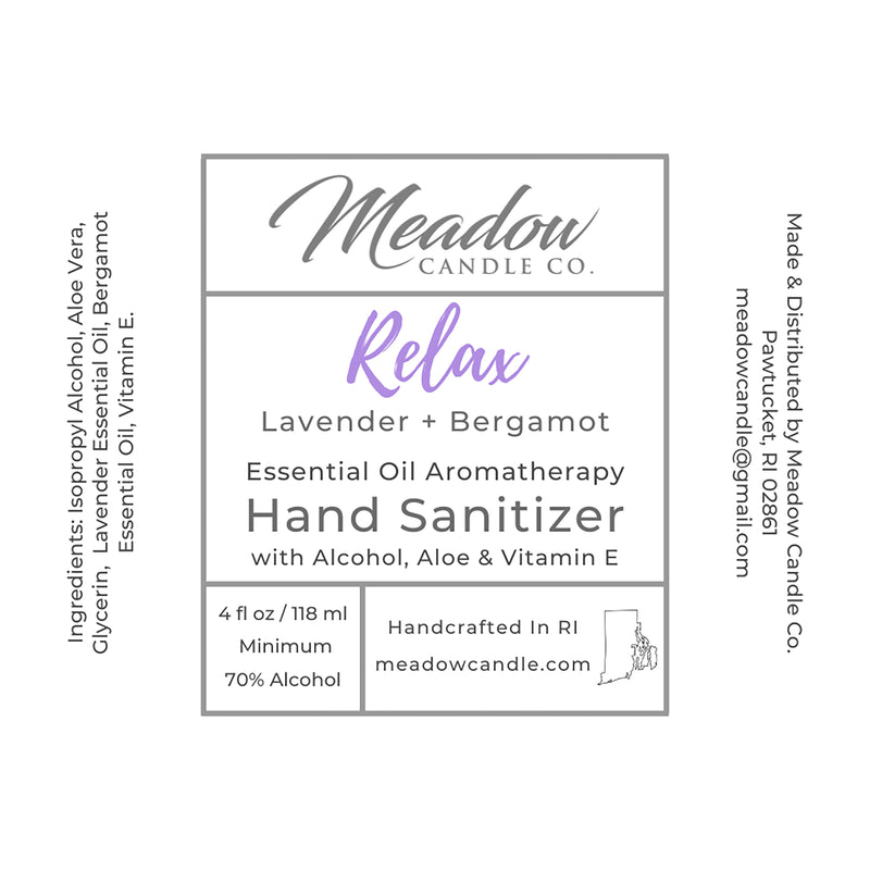 Relax Aromatherapy Hand Sanitizer with Lavender and Bergamot Essential Oils 4 oz